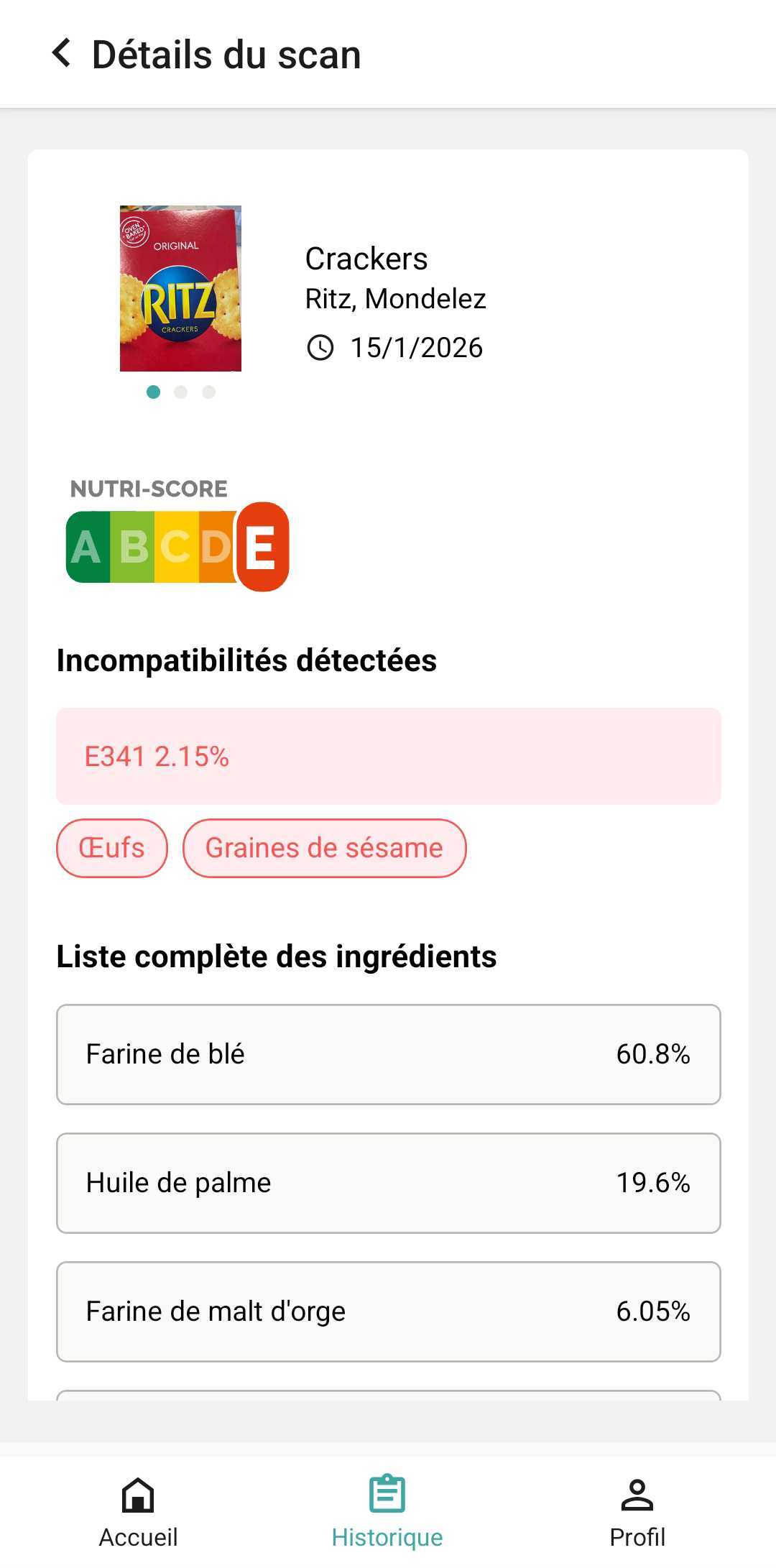 Écran Détails du scan : incompatibilités détectées