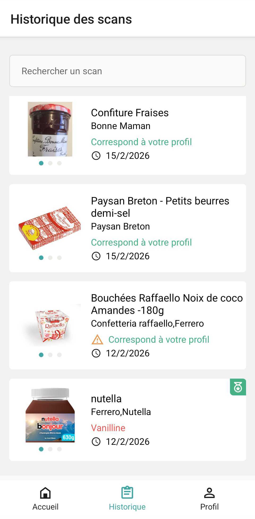 Écran Historique : compatibilité des produits scannés
