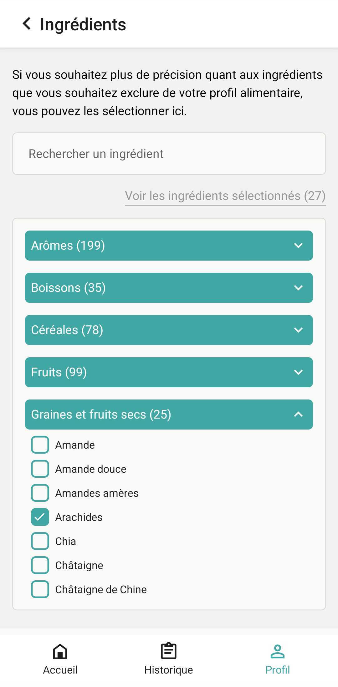 Écran Profil : sélection précise d'ingrédients à exclure
